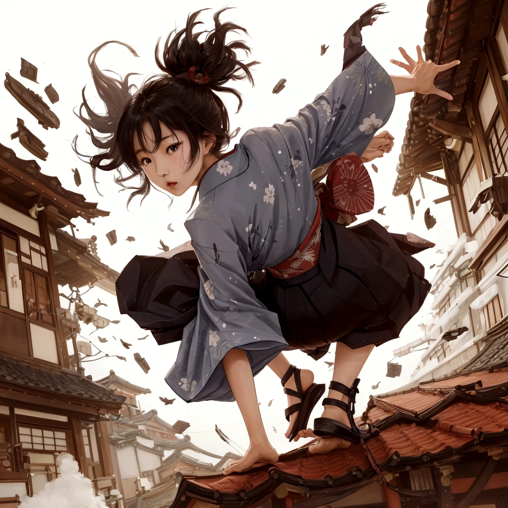 Japanese woman in kimono landing on roof、Acrobatics、Twisting the body、Place your left hand on the ground、Extend your right hand back、Collapsed Japanese house、Parkour-like movements、Tie your hair back、Sober kimono、