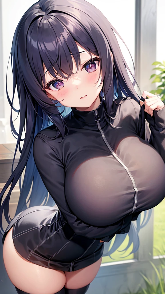 Cute but busty girl bending over looking cute The bust is very large and heavy, but the waist is very thin。 cute Thick thighs but thin legs。The butt is firm and large。 She is facing sideways and her chest is so large that her face-sized breasts are sticking out to the side.。No clothes on 顔を赤くしてベロを出している