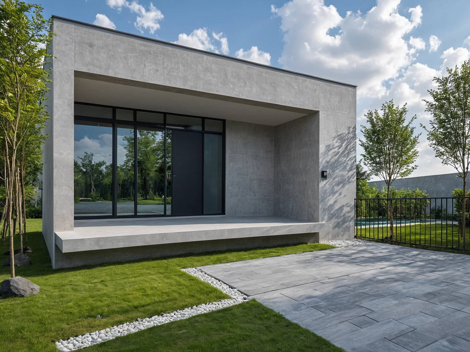 Masterpiece, high quality, best quality, surreal photo, super detailed, outdoor, villa, aiaigroup, modern townhouse style, swimming pool in front, accent wall Gray stone on the side right, road, sidewalk, grass, trees, sky, clouds (daylight: 1.1)