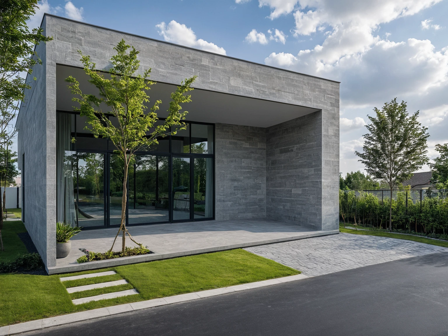 Masterpiece, high quality, best quality, surreal photo, super detailed, outdoor, villa, aiaigroup, modern townhouse style, swimming pool in front, accent wall Gray stone on the side right, road, sidewalk, grass, trees, sky, clouds (daylight: 1.1)
