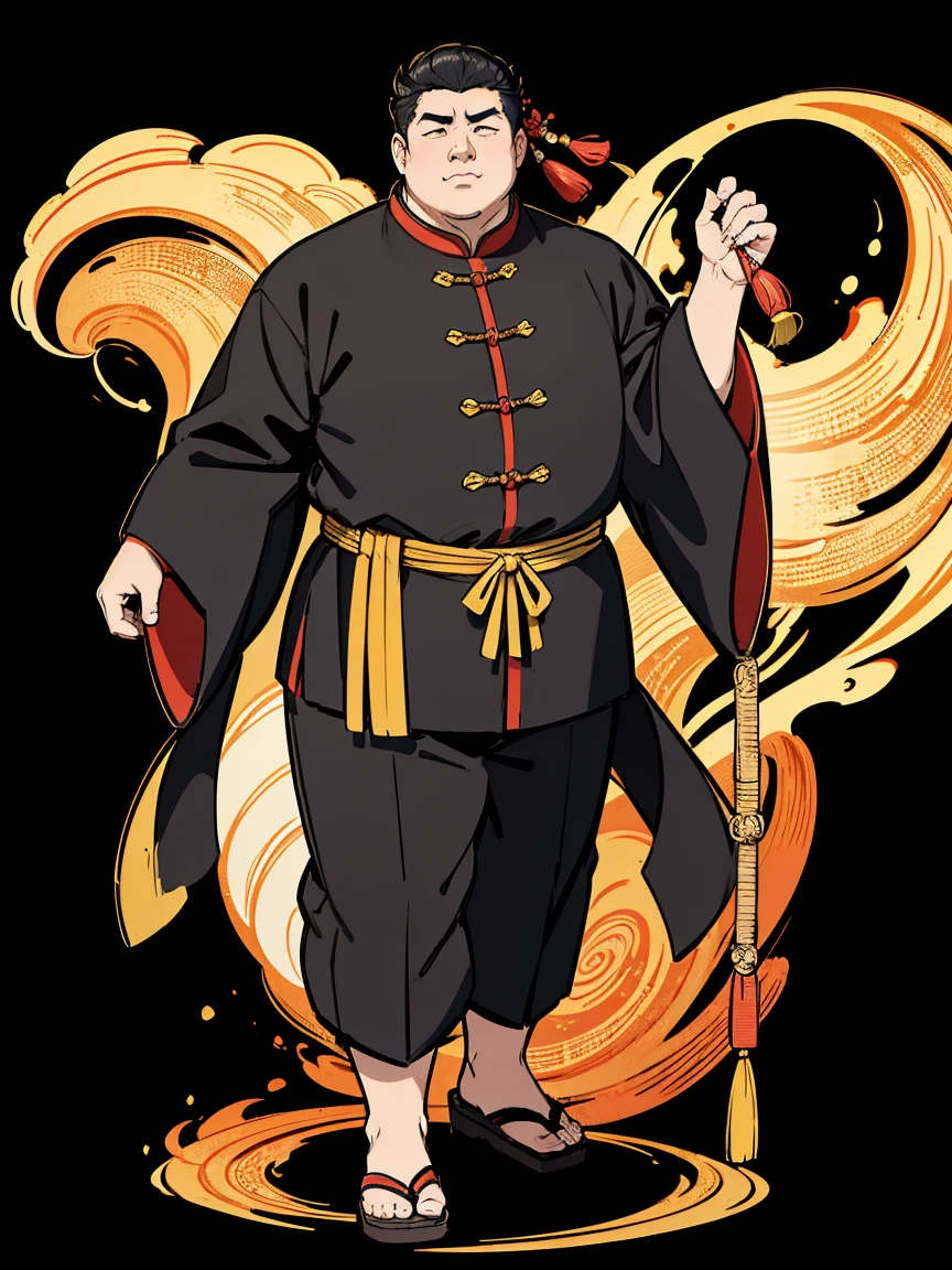 Chinese ancient style,Obese men,rich,black gold white,Blank background,Full body standing,The color of the plane