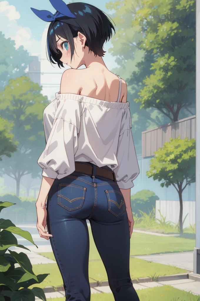 ruka sarashina,nature,blue hair bow BREAK Standing tall pose,bell-bottom jeans, off-the-shoulder blouse, ,(skinny:1.2),ass,from back