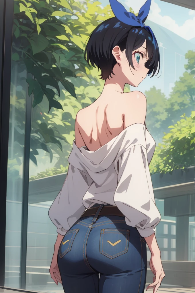 ruka sarashina,nature,blue hair bow BREAK Standing tall pose,bell-bottom jeans, off-the-shoulder blouse, ,(skinny:1.2),ass,from back