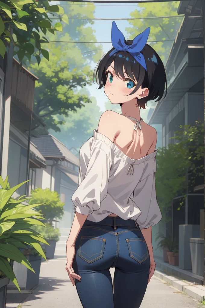 ruka sarashina,nature,blue hair bow BREAK Standing tall pose,bell-bottom jeans, off-the-shoulder blouse, ,(skinny:1.2),ass,from back