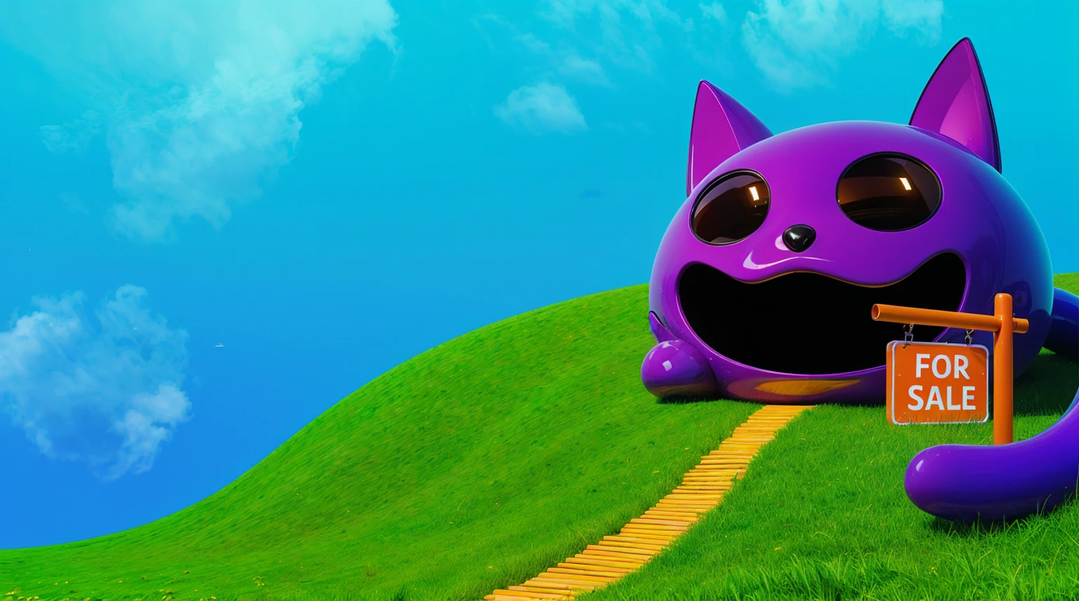 The image depicts a whimsical house designed to resemble a shiny purple cat with a wide, joyful expression. The house is rounded with exaggerated cat features, including large, pointy ears, big black eyes, and a wide-open mouth forming a comical and inviting entrance. The structure sits on a vibrant green hill, with an orange pathway leading up to it, giving a playful and imaginative atmosphere. The sky is a clear blue, enhancing the bright and cheerful scene. The overall design combines creativity and fun, making the house look like a lively, animated character. Create цветной рендеринг zbrush. perfect cgi, cgi art created only with gradients, smooth silhouette, Create ultra sharp skin, high intensity refraction, (plastic material), most beautiful vfx, blue background, plastic refractions, glossy texture, smooth 3d model, multiple light sources, rim light, sharp post effects render, (glossy plastic texture with multiple big light probe refractions), perfect cgi, cgi art created only with gradients, smooth silhouette, high intensity refraction, (plastic material), most beautiful vfx, blue background, plastic refractions