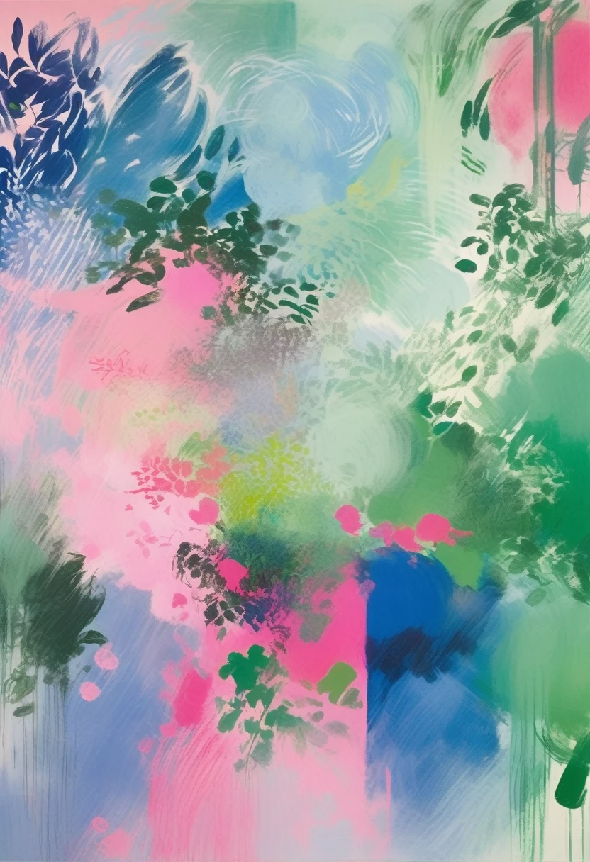 抒情abstract, pink、blue and green mist, 略显abstract, 灵感来自汉斯·Hoffman, abstract现实主义, abstract, abstract丙烯画, abstract技巧, abstract印象派, With this picture carrier,Generate an image with a certain artist(matisse、Hoffman,Cézanne,Chagall,miro)Works in five artist styles,Fusion of five artistic styles,The picture has a certain contemporary quality,Contains contrasting colors,Complementary colors,Adjacent colors,Area comparison,Chiaroscuro,A work with a strong sense of space。Fully reflects the styles and integration of the five artists,Add some details。