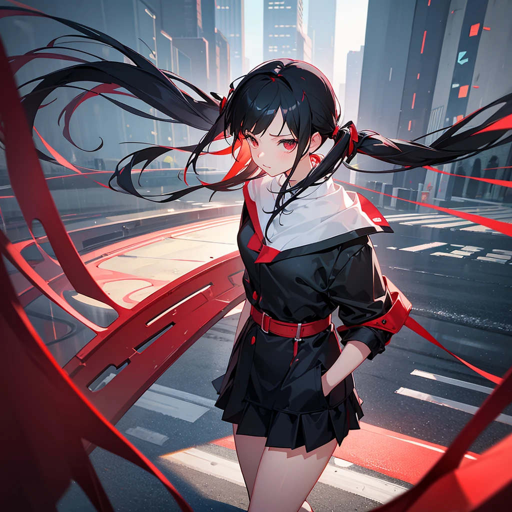 Anime, girl in a short miniskirt, panties visible, red-black hair, Twin Tail, in a beautiful area, rainy weather, 3d, more realistic.