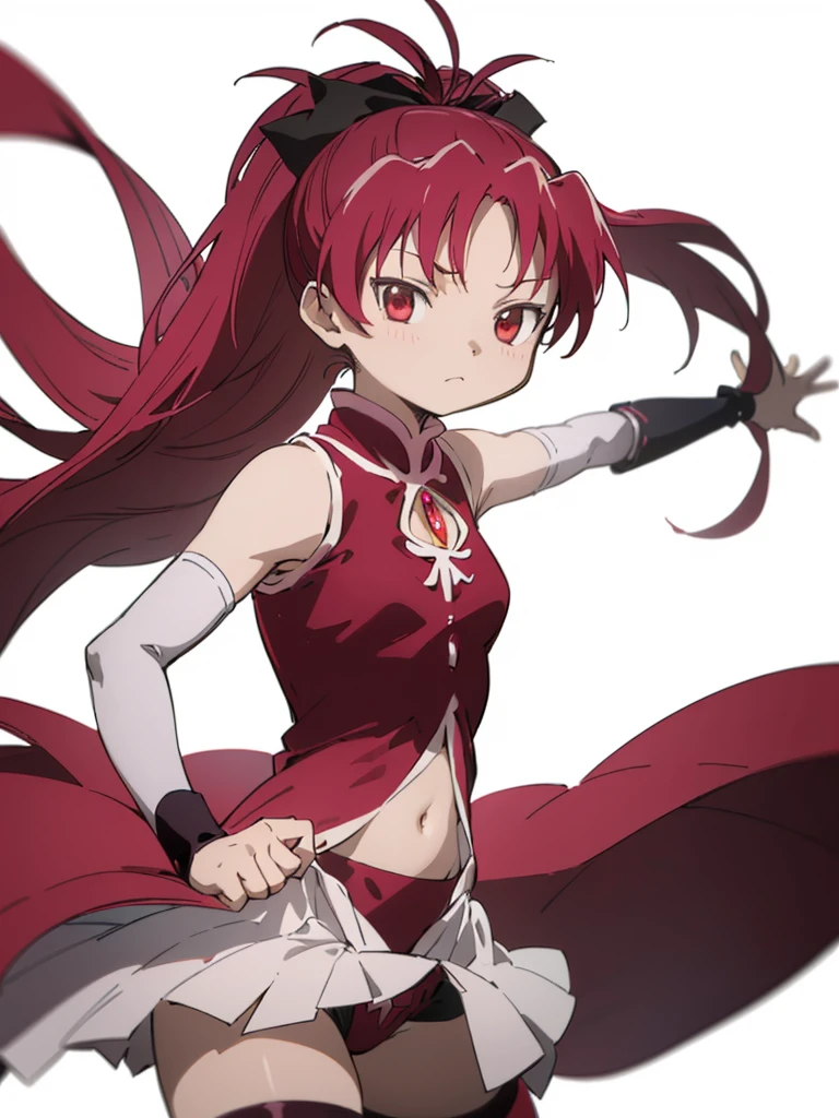 (best quality, masterpiece:1.2), ultra detailed, 1girl, sakura kyouko, red hair, ponytail, long hair, small breasts,
looking at viewer, simple background,
magical girl, sleeveless, cutout, navel,