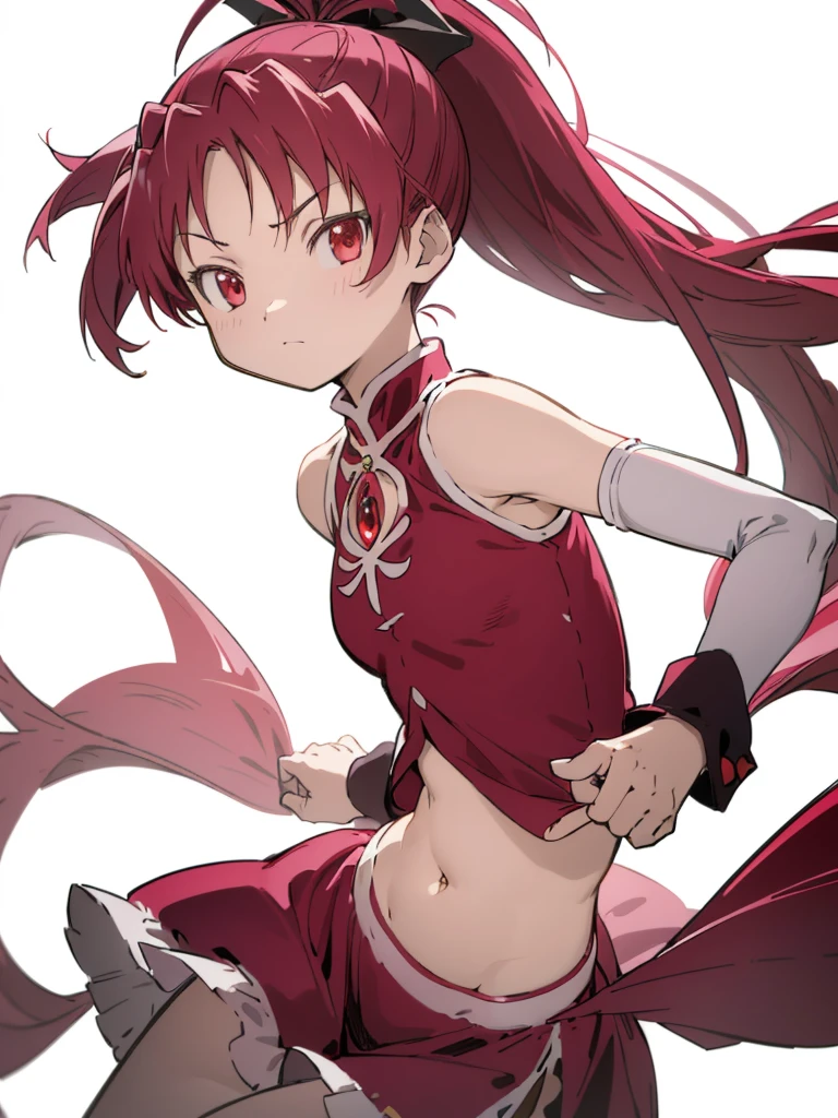 (best quality, masterpiece:1.2), ultra detailed, 1girl, sakura kyouko, red hair, ponytail, long hair, small breasts, 
looking at viewer, simple background, 
magical girl, sleeveless, cutout, navel,