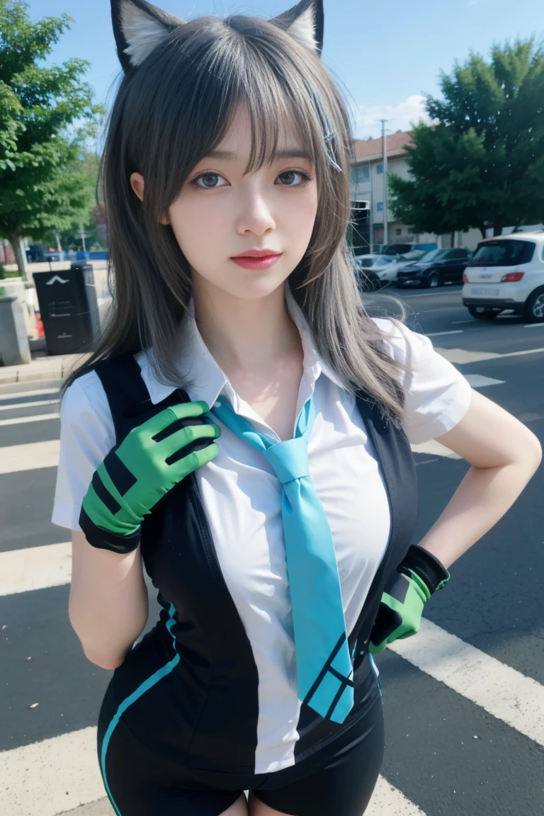 best quality, tmasterpiece,Ultra-high resolution,Clear face,(Reality:1.4),ferpect lighting,(upper body photo), (photorealistic:1.50), anime wallpaper, Guviz style artwork, cover-up fantasy up to magic , by Yang J, Guviz, beautiful artwork illustration, beautiful digital artwork, beautiful digital illustration, Li Song, beautiful anime portrait, art style in Beauvot, 1girl, standing, parted lips, sweat, blue sky, outdoors, hand on hip, close-up, from above shirokocycling,(Halation:1.4), animal ears, animal ear fluff, (grey hair:1.2), medium hair, hair ornament,( blue eyes:1.2), mismatched pupils, bike shorts, green gloves,short sleeve,