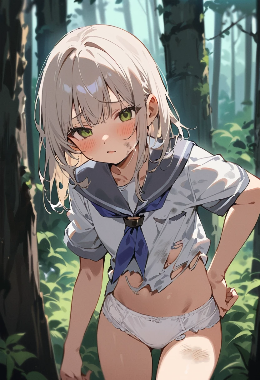 beautiful detailed girl,(masterpiece,best quality,extremely detailed:1.2),((cowboy shot:1.1)),(solo,,kawaii,slender,small breasts:1.25),(pained look:0.8),((white underwear) in ((Torn school uniform)):2),(dirty:2),blush,shy,weep,standing,(deep forest:1.5),(hug:0.4),rating: general, newest,Sexy face,(primitive:1.1)