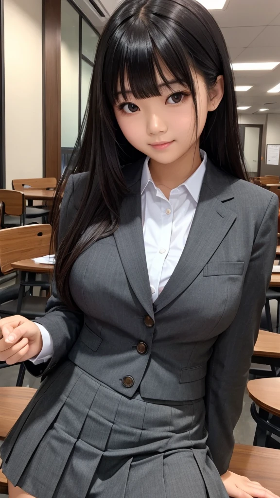 ((high quality)), ((Tabletop)), (Detailed face), (highlight),　Asian Girl、Big breasts、thigh、Black Hair、Heavy bangs、high school girl、skirt、blazer、
