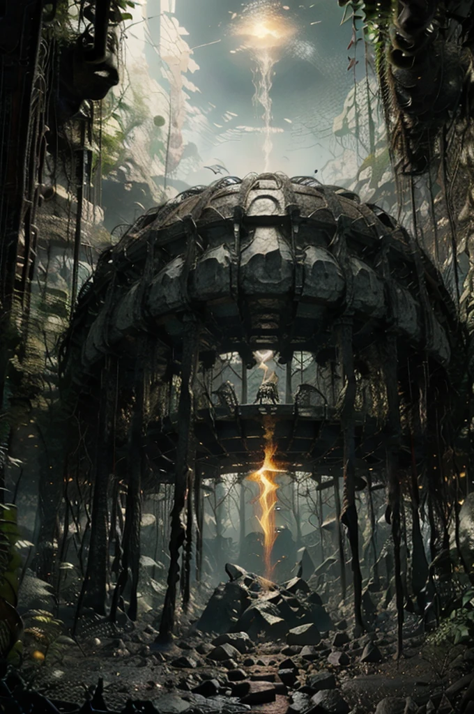 A huge deep abyss made of black stone, incandescent magma, phosphorescent radioactive mineral, it ends in the bottom with a living organic obscurity, abysssanctum, procreation of the wicked, synthetic grotesque,highly detailed, 4k resolution, masterpiece, 3d modelling,digital art, Da Vinci art