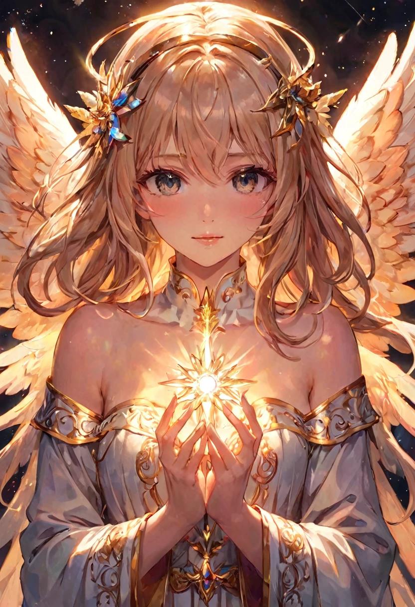 Anime Style, (Surrealist:1.2), beautiful, Master Parts, Highest quality, Highly detailed face, Perfect lighting, Nice hands, Perfect Arms, An angel shining with a sacred and heavenly splendor, (Heavenly Being:1.2), (Calm expression), (Majestic Wings), (Mysterious glow:1.1), (Peaceful and comfortable), (Superb beauty), (God&#39;s Grace), (A symbol of purity), (Golden Halo), (An uplifting atmosphere), (Kingdom of Heaven), (Spiritual Lighting), (Soft and protective), (Illumination light:1.2), (Angelic figures), (Harmony and tranquility), (Angel Robe), (Timeless and heavenly), (Captivating aura), (Healing and guidance)