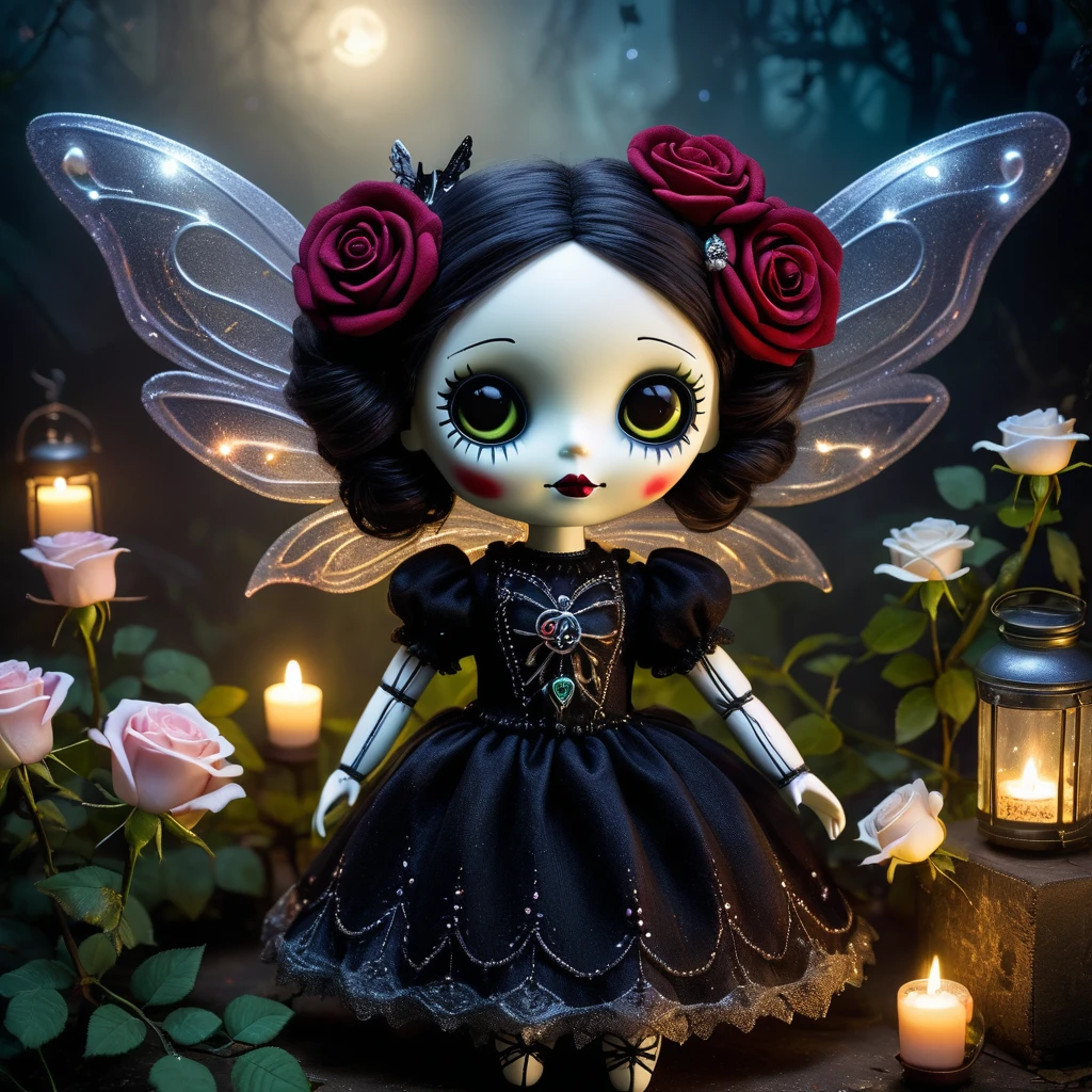 (knitted toy voodoo doll:1.2), (Voodoo Gothic Fairy:1.3), (Clothing Dark dress with transparent wings, silver jewelry, glitter on skin:1.0), (against the background Abandoned garden with intertwined roses, magical fireflies and a foggy moonlit night:1.3), best quality, masterpiece, detailed soft oil painting, detailed background, dramatic cinematic lighting, soft edge lighting, professional, dramatic lighting, hard edge lighting, ultra quality, 4k, masterpiece, best quality, 8k, ultra high definition, high resolution, extremely detailed