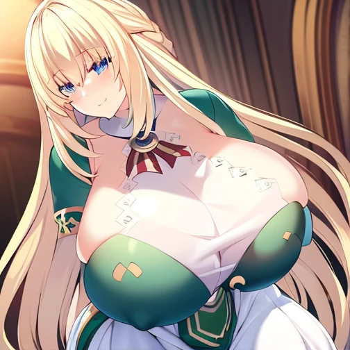 8k, 4k, intricate details, cinematic lighting, stunning environment, ornate, (realistic:1.1), detailed face, detailed eyes, detailed shadows, 1girl, curvy, blonde hair, blue eyes, blush, breasts, huge breasts, long hair, looking at viewer, white pantyhose, green and white dress, smile, solo, (vert_/neptune series/:1.1), very long hair, white gloves, white pantyhose, 