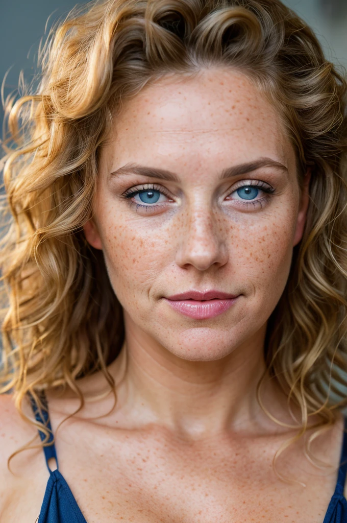 a photo portrait of a gilf, milf, with curls and lots of freckles, (dirty blonde hair), (detailed blue eyes), (face portrait:1.5), dramatic light, Rembrandt lighting scheme, (hyperrealism:1.2), (8K UHD:1.2), (photorealistic:1.2), shot with Canon EOS 5D Mark IV, detailed face, detailed hair, cleavage, huge breast, full body