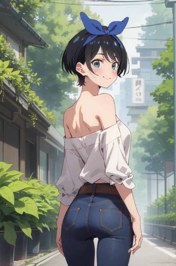 ruka sarashina,nature,blue hair bow BREAK Standing tall pose,bell-bottom jeans, off-the-shoulder blouse, ,(skinny:1.2),ass,from back,smile,stick out hip