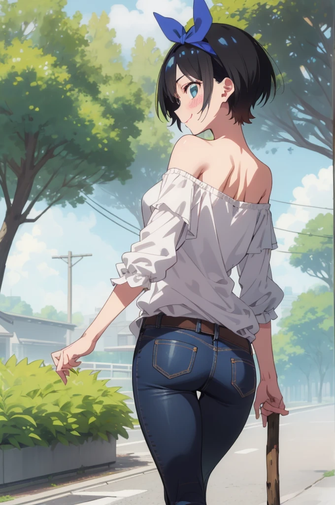 ruka sarashina,nature,blue hair bow BREAK Standing tall pose,bell-bottom jeans, off-the-shoulder blouse, ,(skinny:1.2),ass,from back,smile,stick out hip