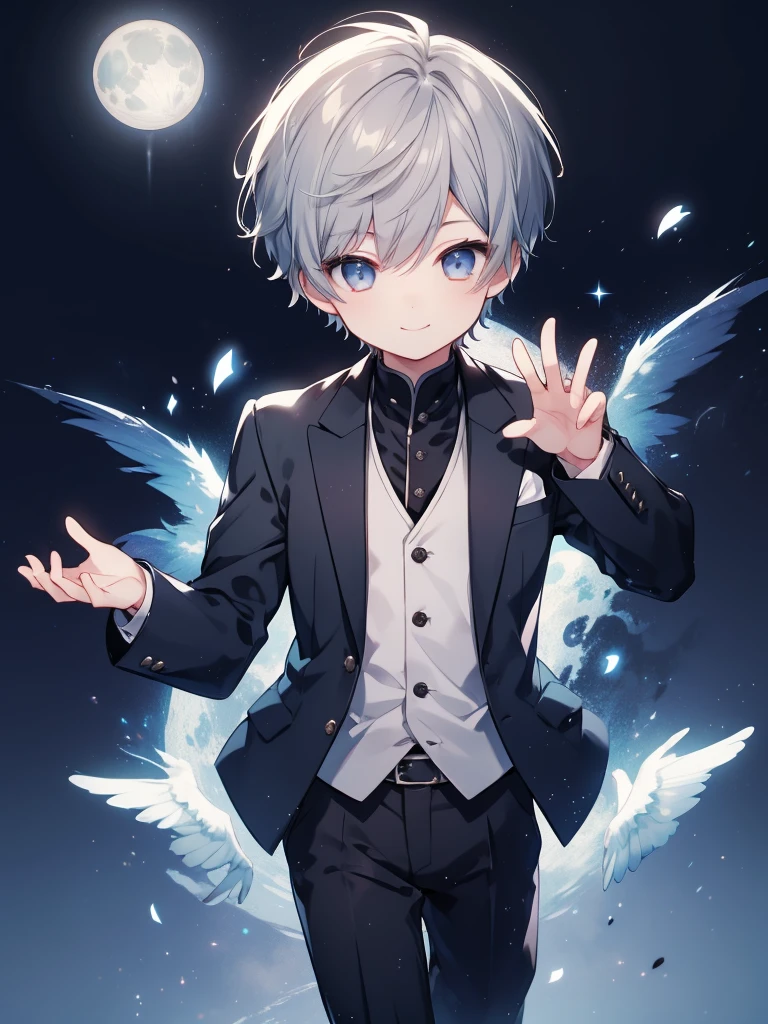 1 boy、Highest quality, Tabletop, Beautiful Face、suit、Gray Hair、short hair、whole body、smile、smile、Moon Background