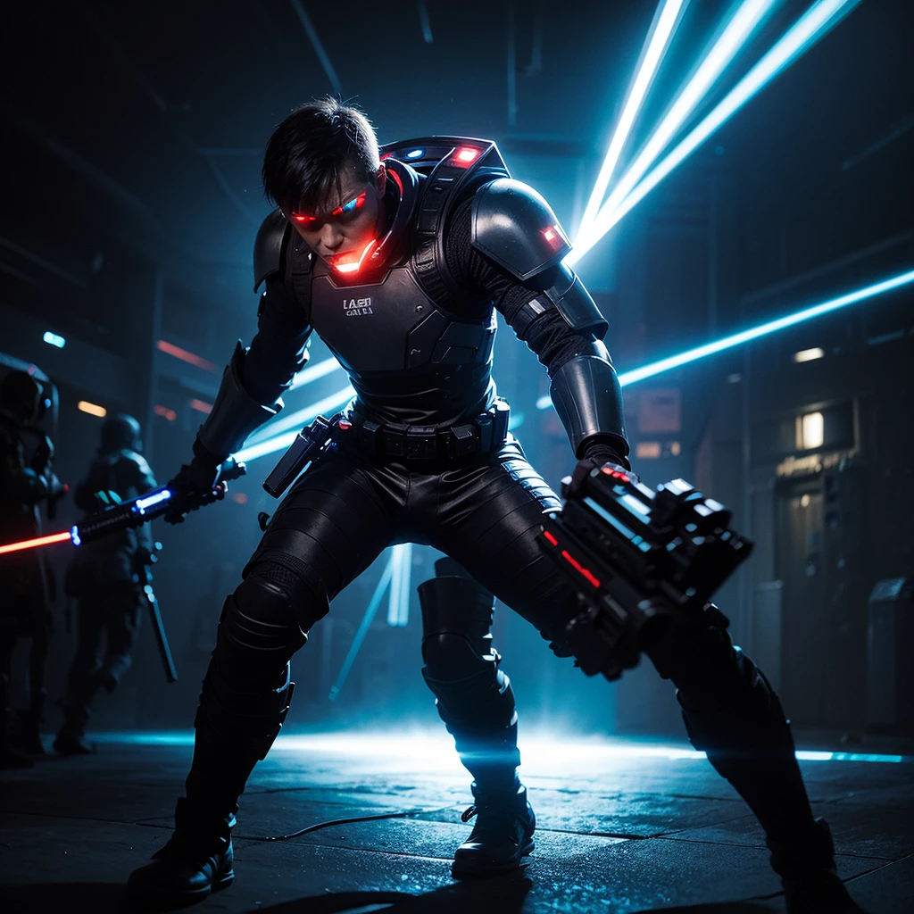 man with lasergame armor and phaser gun, in the center looking frontally in an attack position, in the background a dark lasergame room looks frontally at the camera
