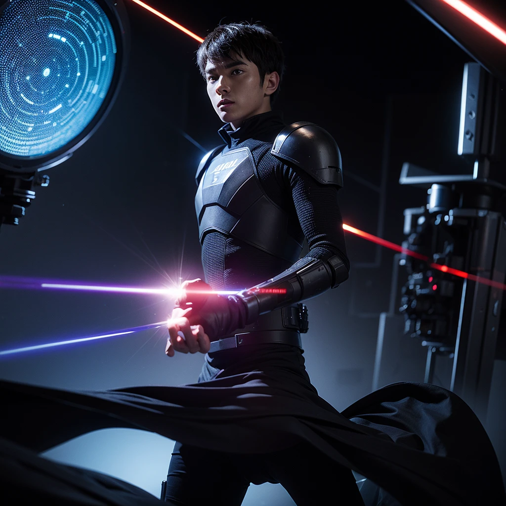 man with lasergame armor and phaser gun, in the center looking frontally in an attack position, in the background a dark lasergame room looks frontally at the camera
