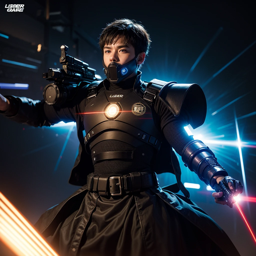 man with lasergame armor and phaser gun, in the center looking frontally in an attack position, in the background a dark lasergame room looks frontally at the camera
