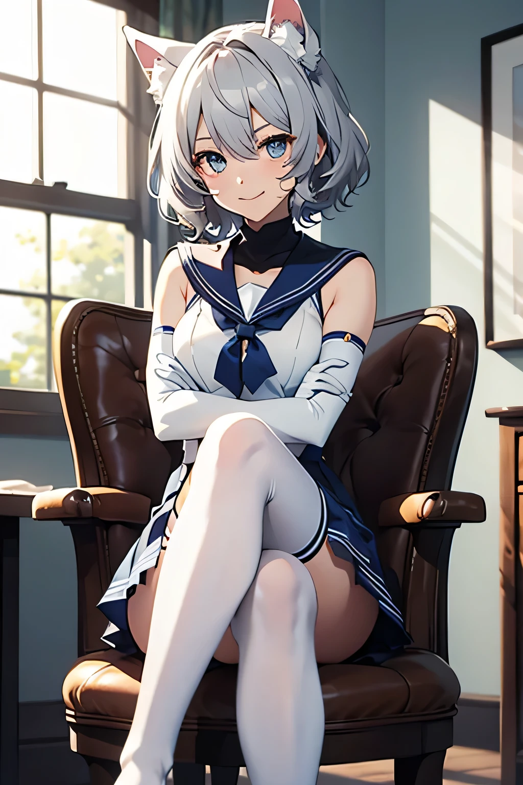 Tabletop　 Best image quality　wonderful　Attention to detail　One Young Woman（（Adult））Anime Style　White Sailor Suit（Sleeveless）　Navy blue mini skirt　snow-white gloves（Elbow Gloves）　Put your arms on your knees　White pantyhose　Wolf Ears　short hair（（Shortcuts）（Gray Hair）（Curly Hair）（fluffy））　smile（Happy）　Eye color is blue　background（Bedroom）　Sit on a chair　Beautiful feet