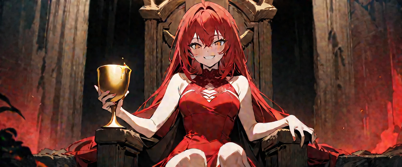 (((masterpiece,Highest quality))),((Smiling red-haired demon anime girl wearing a red one-piece dress and holding a golden cup while sitting on a throne)),((He tilts his golden cup and pours poison onto the earth.)),((A throne in the wilderness of the dead、Evil Laugh)),アニメ,b3ks1n