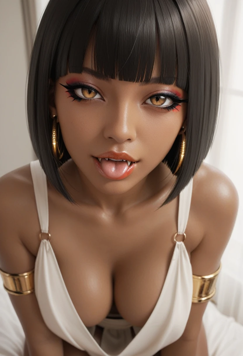 score_9, score_8_up, score_7_up, score_6_up, 1girl, solo, jewelry, rating: safe, brown_eyes, black_hair, lips, makeup, armlet, breasts, egyptian, egyptian_clothes, dark_skin, nose, earrings, gold, lipstick, cleavage, realistic, looking_at_viewer, medium_breasts, open_mouth, piercing, gyaru, tongue, blunt_bangs, bangs, bob_cut, vampire, long_fangs, from_above, downblouse
