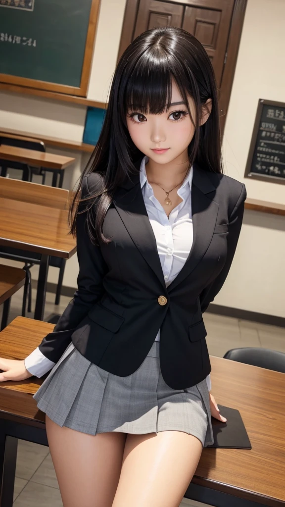 ((high quality)), ((Tabletop)), (Detailed face), (highlight),　Asian Girl、Big breasts、thigh、Black Hair、Heavy bangs、high school girl、skirt、blazer、