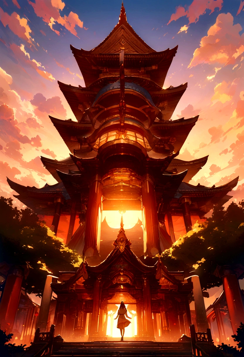 masterpiece, best quality, Stills, cloud, bright, Happy, Warm and soft lighting, Sunset, fantasy, temple