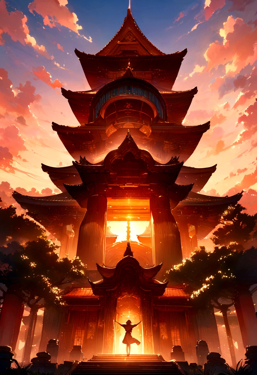 masterpiece, best quality, Stills, cloud, bright, Happy, Warm and soft lighting, Sunset, fantasy, temple