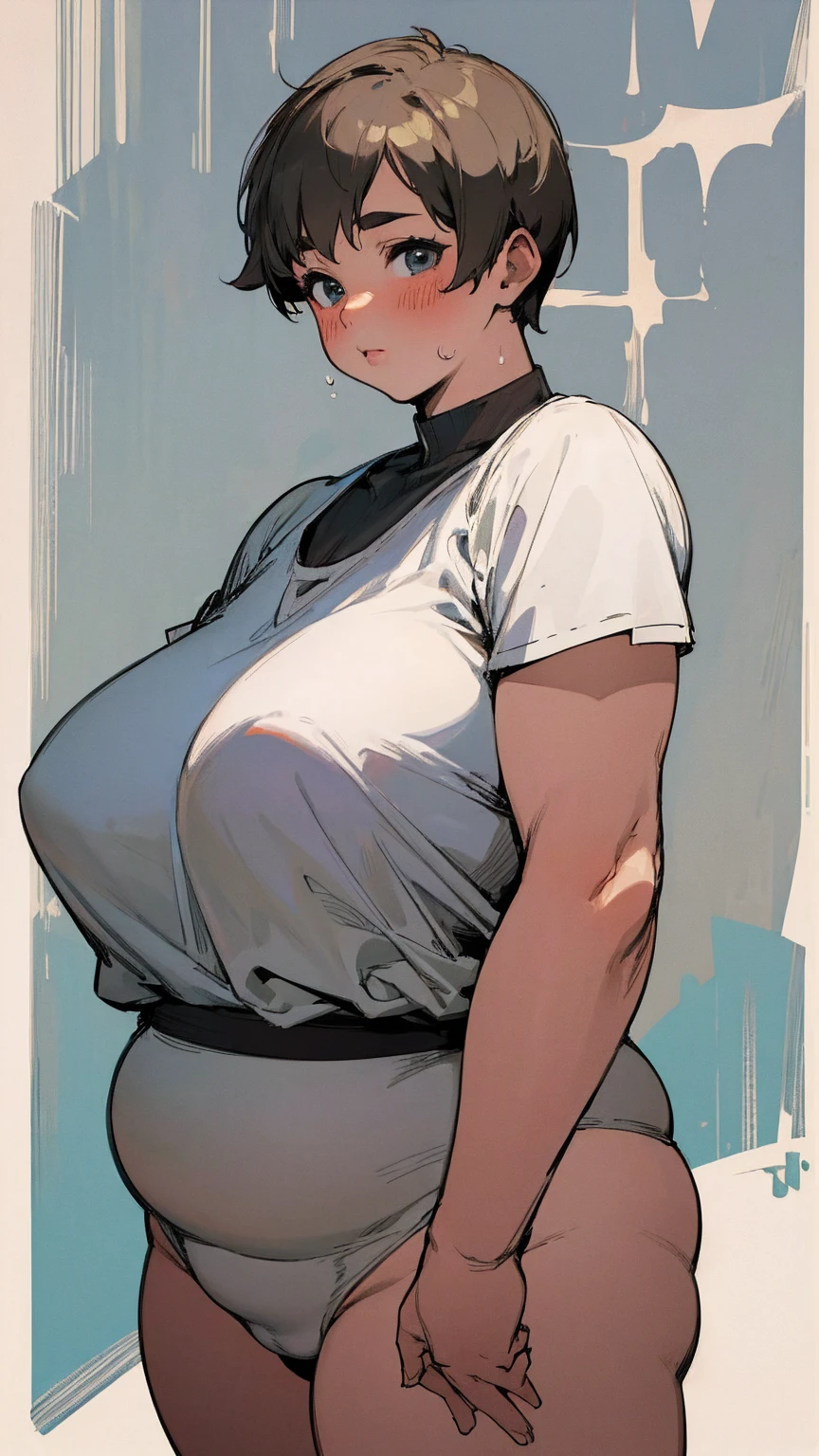masterpiece, best quality, ultra-detailed, Potrait of beautiful , (chubby) (sexly), (plump), (curvy), (sexly), (Nude), ((tomboy)), (アニメ), (Saggy breasts), (Plump), ((very short hair)), (boyish), (muscular), (Mature), (young), (overweight), (Short Hair), (pudge face), (cute), (thick), (Gray Hair), (Sinister), (Seems quiet)