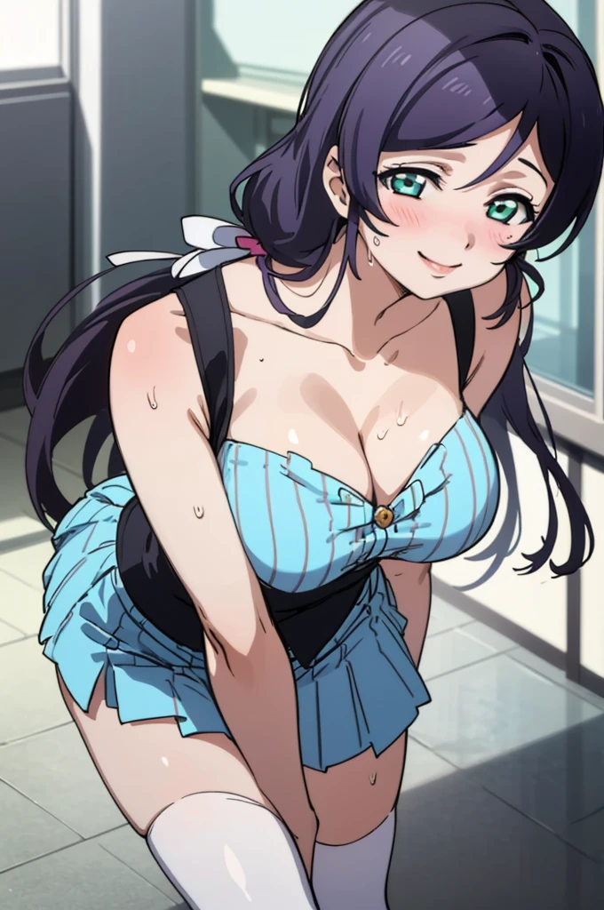 (masterpiece, best quality), 1girl, nozomi toujou,huge breasts,idol costume,,sweating,sleeveless,thighhighs,miniskirt,looking viewer,smile,1piece dress,lean forward,cleavage,squeeze breasts