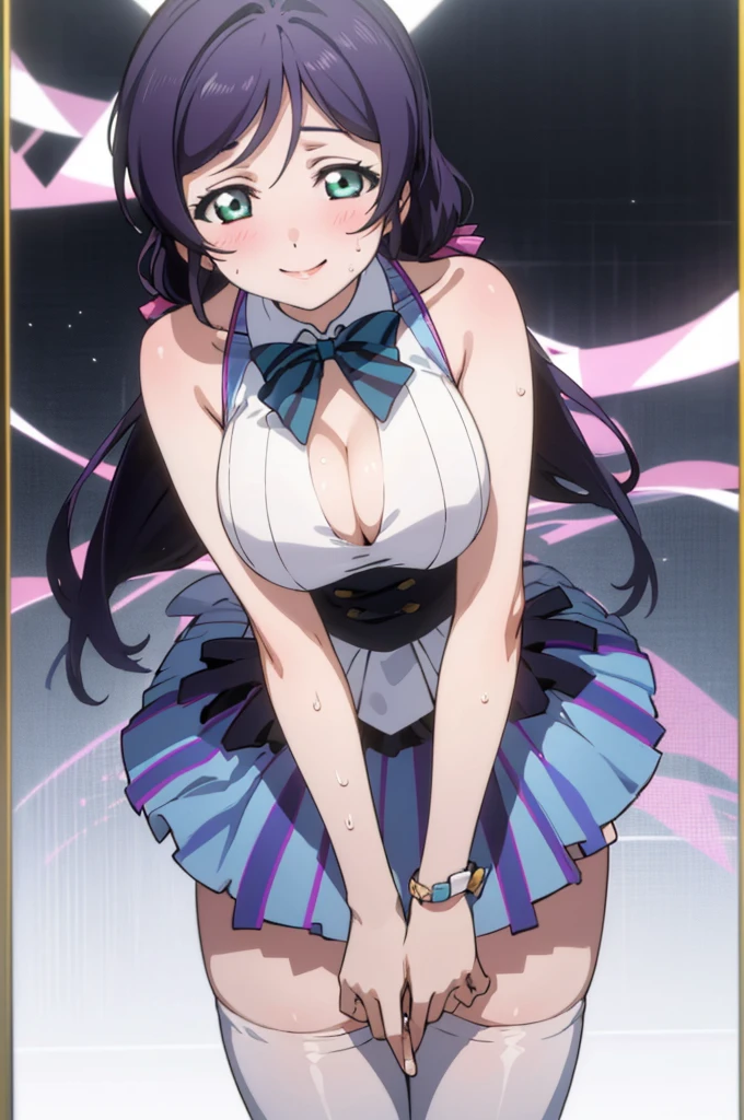 (masterpiece, best quality), 1girl, nozomi toujou,huge breasts,idol costume,,sweating,sleeveless,thighhighs,miniskirt,looking viewer,smile,1piece dress,lean forward,cleavage,squeeze breasts