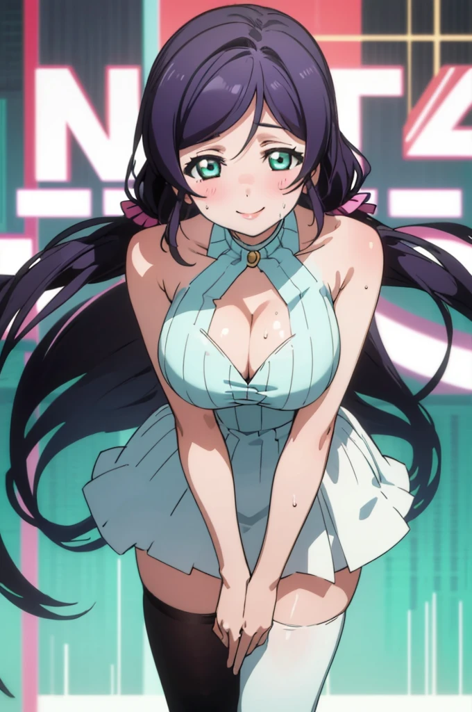 (masterpiece, best quality), 1girl, nozomi toujou,huge breasts,idol costume,,sweating,sleeveless,thighhighs,miniskirt,looking viewer,smile,1piece dress,lean forward,cleavage,squeeze breasts