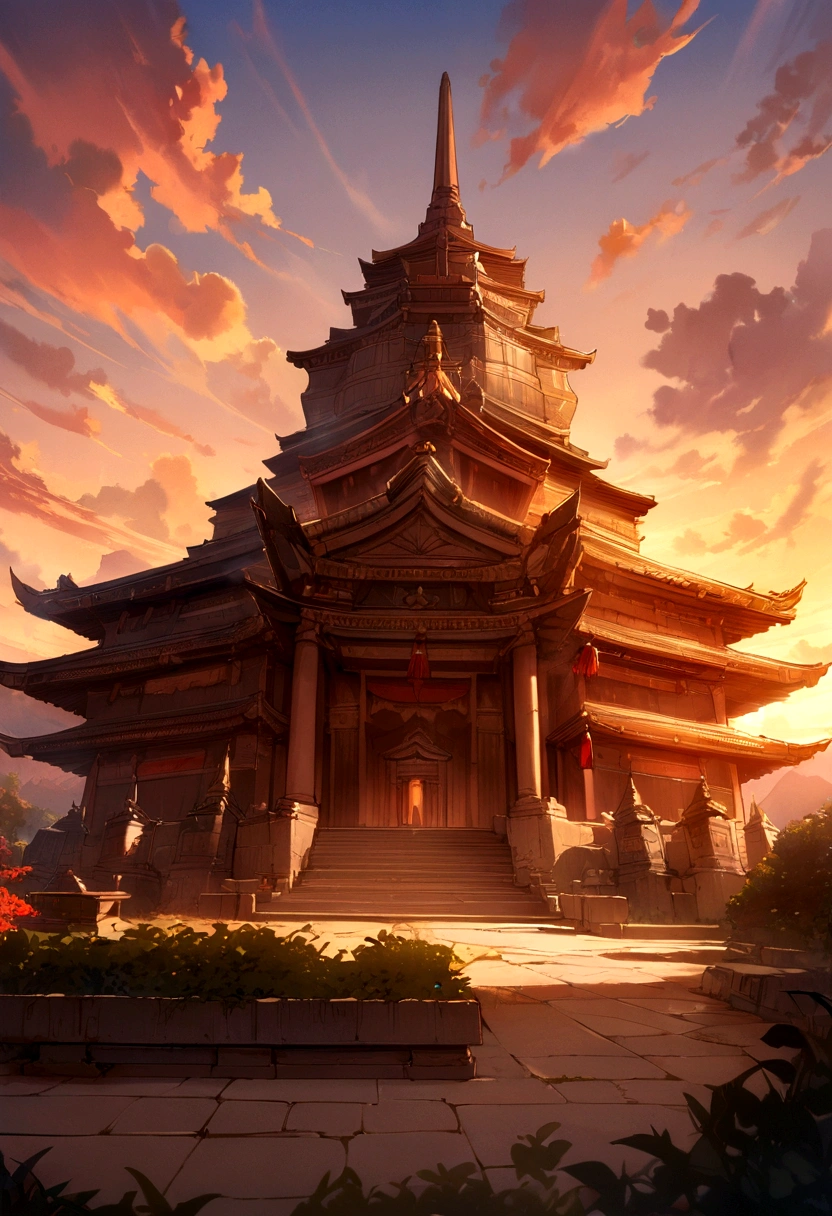 masterpiece, best quality, Stills, cloud, bright, Happy, Warm and soft lighting, Sunset, fantasy, temple