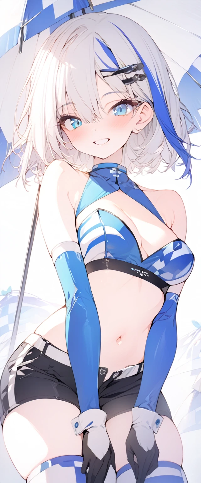 beautiful, masterpiece, Highest quality, anime, One girl, C Cup,Portrait Shot, View your viewers, Intricate details,>,((Covered、Short Hair、nearby、Blue Eyes、art、、White hair,Blue streaked hair、wallpaper、、hairpin、smile、Thighs、navel、Plainer_Race Queen、Plainer_Gloves、Plainer_Knee-high boots、Parasol、work、Plainer_Shorts