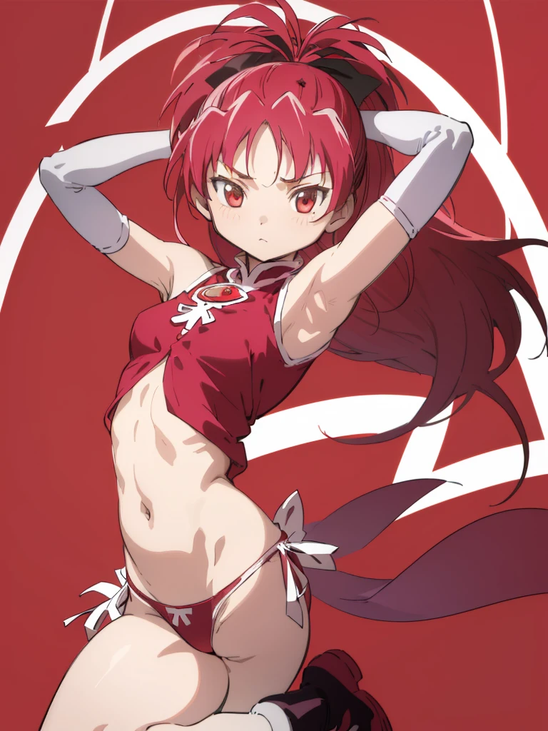 (best quality, masterpiece:1.2), ultra detailed, 1girl, sakura kyouko, red hair, ponytail, long hair, small breasts, 
looking at viewer, armpit,(((lift leg,panties)))
magical girl, sleeveless, cutout, navel,