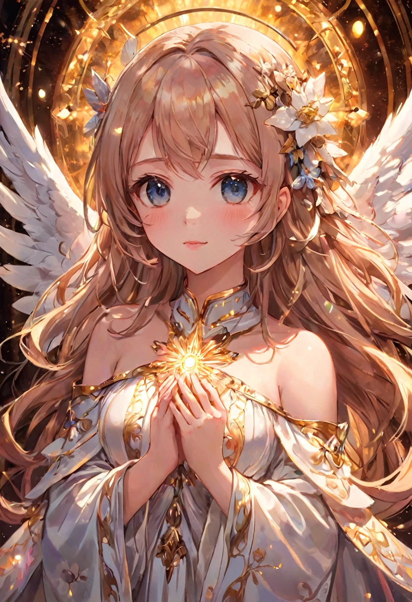 Anime Style, (Surrealist:1.2), beautiful, Master Parts, Highest quality, Highly detailed face, Perfect lighting, Nice hands, Perfect Arms, An angel shining with a sacred and heavenly splendor, (Heavenly Being:1.2), (Calm expression), (Majestic Wings), (Mysterious glow:1.1), (Peaceful and comfortable), (Superb beauty), (God's Grace), (A symbol of purity), (Golden Halo), (An uplifting atmosphere), (Kingdom of Heaven), (Spiritual Lighting), (Soft and protective), (Illumination light:1.2), (Angelic figures), (Harmony and tranquility), (Angel Robe), (Timeless and heavenly), (Captivating aura), (Healing and guidance)