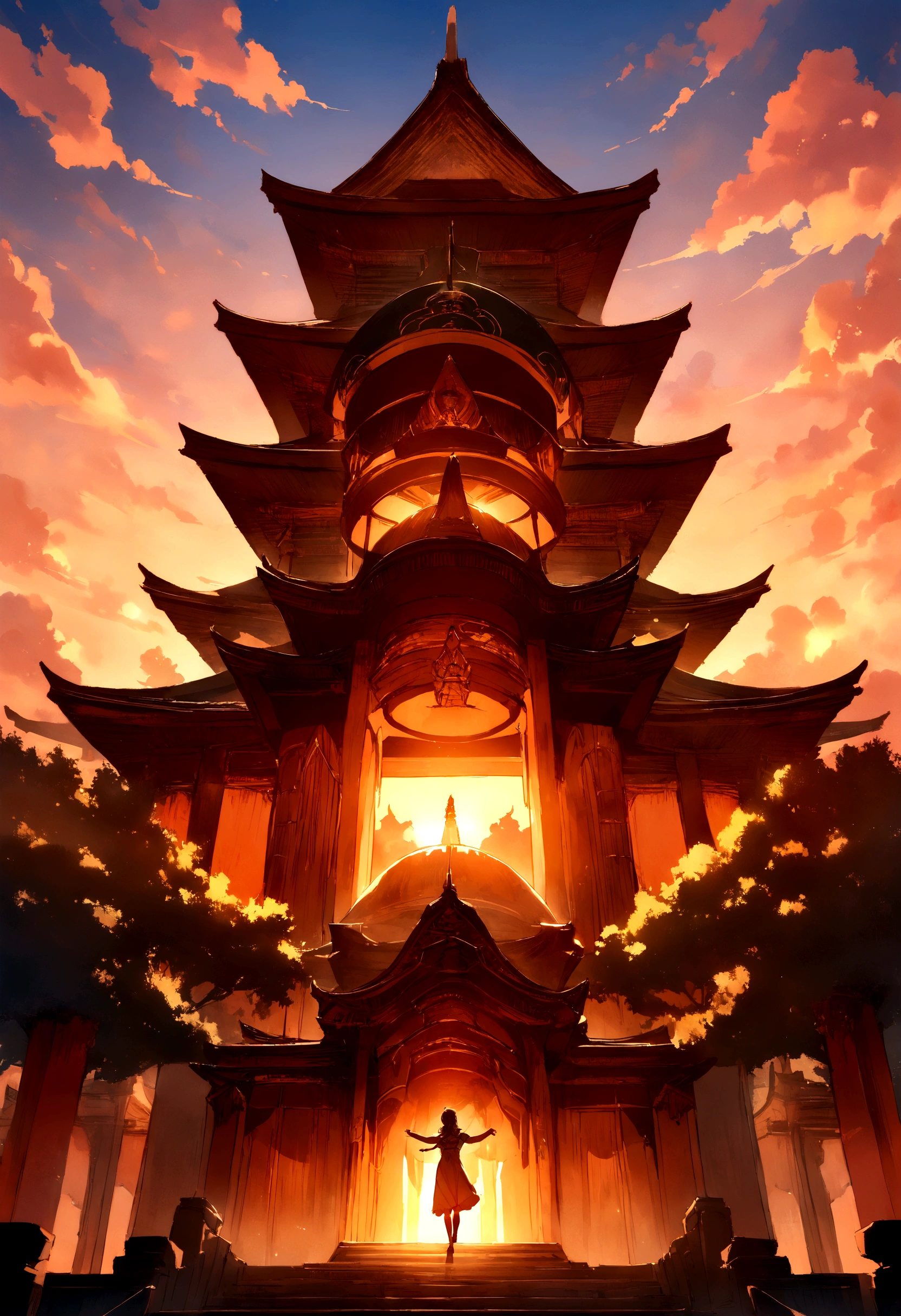 masterpiece, best quality, Stills, cloud, bright, Happy, Warm and soft lighting, Sunset, fantasy, temple