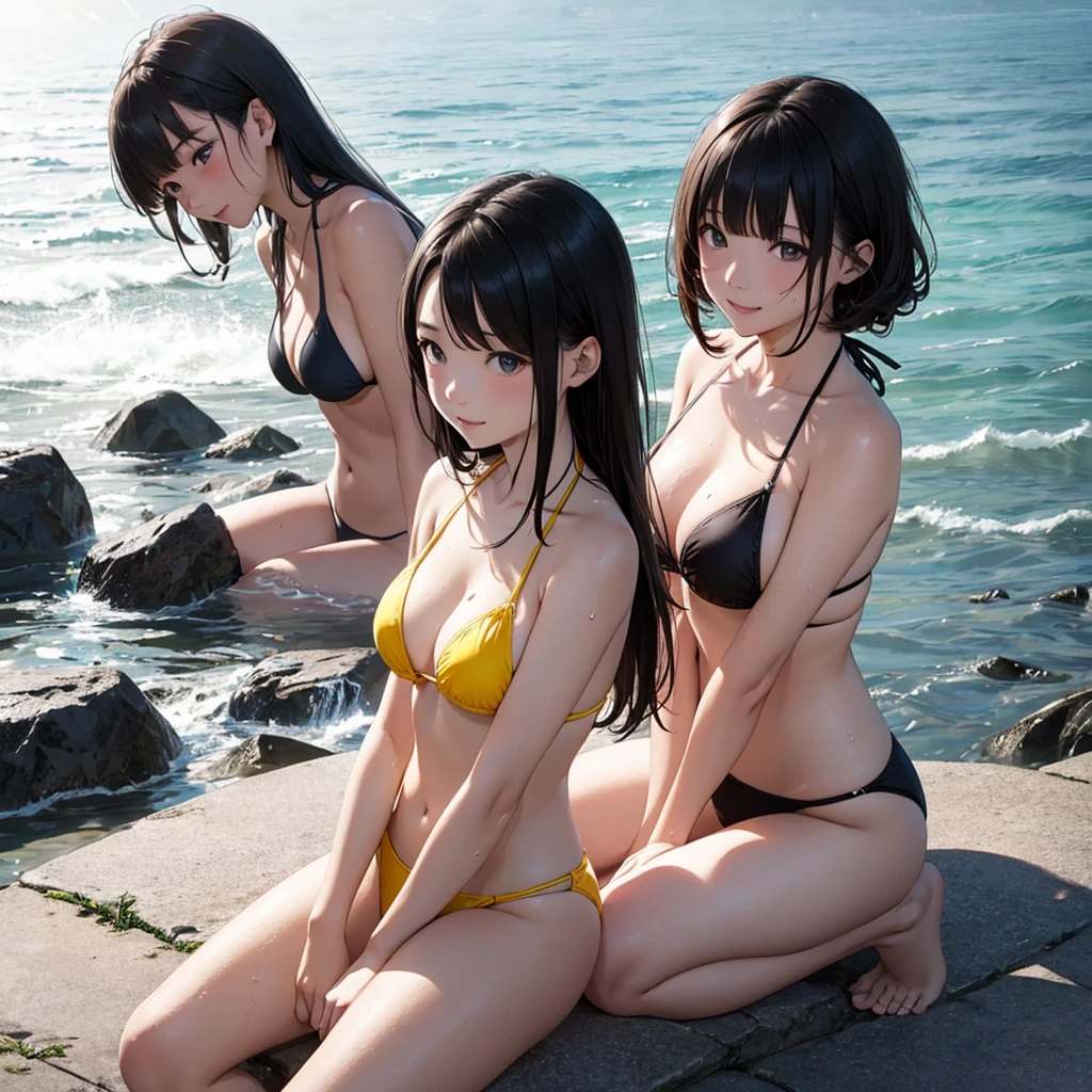 high resolution。High resolution、Low - Angle、masterpiece、Beautiful girl、Micro Bikini、Yellow bikini swimsuit、Two girls huddled together、A girl with long hair and a girl with a short haircut、Dark Eyes、Bright smile、White teeth、Black glossy hair color々Pause、Wet black hair、Your body is wet、Seaside。sitting in the sea、sweating、Hot body、high resolution8K