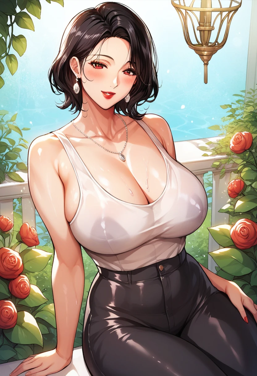 Hot sexy beautiful mature milf mom watering the plants in garden,  long silver chandelier earrings,mature breasts, ,black hair , short hair,blush,red eyes,red lipstick, smiling,see through white tank top,black pants,braless