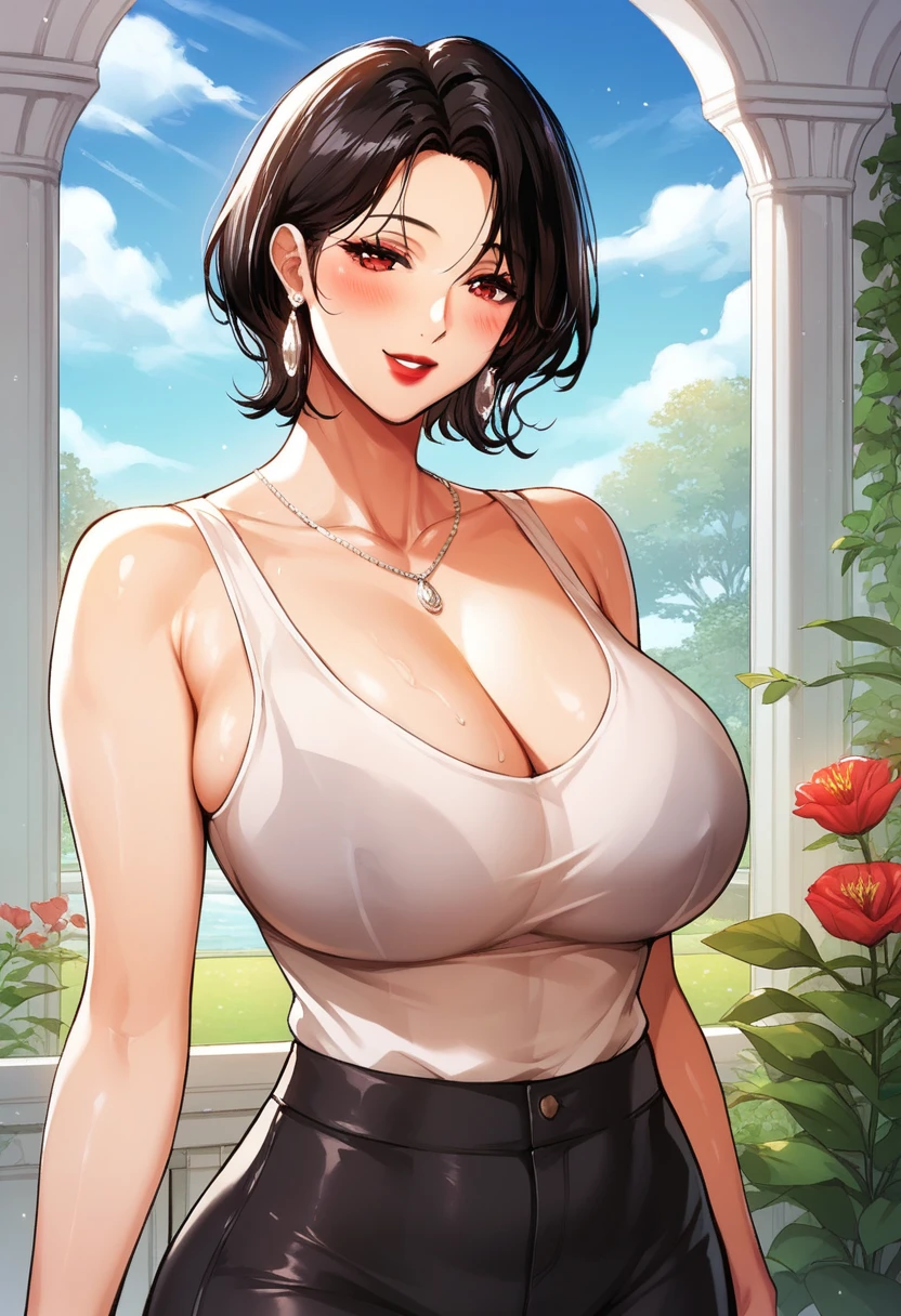 Hot sexy beautiful mature milf mom watering the plants in garden, long silver chandelier earrings,mature breasts, ,black hair , short hair,blush,red eyes,red lipstick, smiling,see through white tank top,black pants,braless