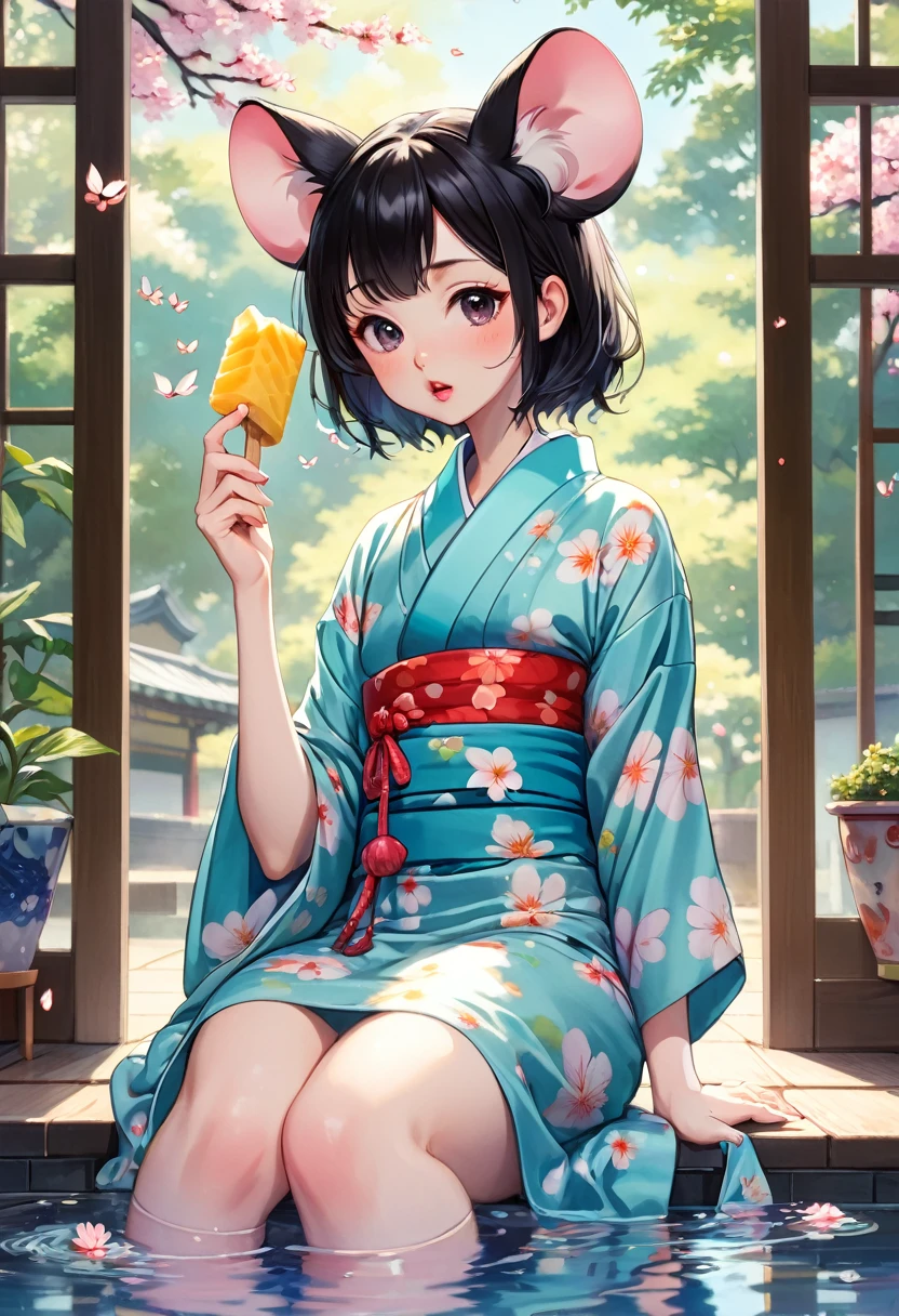 (Yumeji Takehisa style:1.2) , Hallucination, daydream , nightmare , Insane Dream , bokeh , erotica , romance , realistic mouse nymph and realistic cat , yukata , Petals fluttering down , Single eyelids, round nose, swollen cheeks , glossy lips , licking popsicle , Collarbone , Disheveled Hair , (Water up to the ankle:0.85) , Scorching Heat summer , Roll up the hem to expose knees