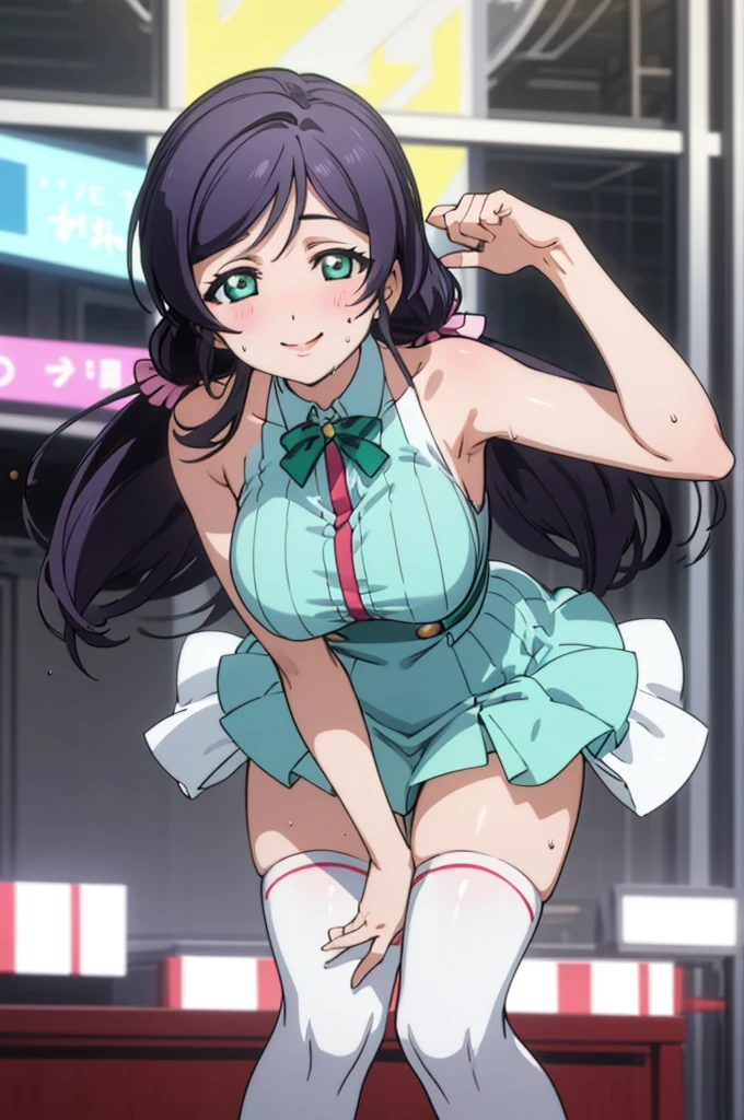 (masterpiece, best quality), 1girl,    nozomi toujou,huge breasts,idol costume,,sweating,sleeveless,thighhighs,miniskirt,looking viewer,smile,1piece dress,lean forward,,squeeze breasts