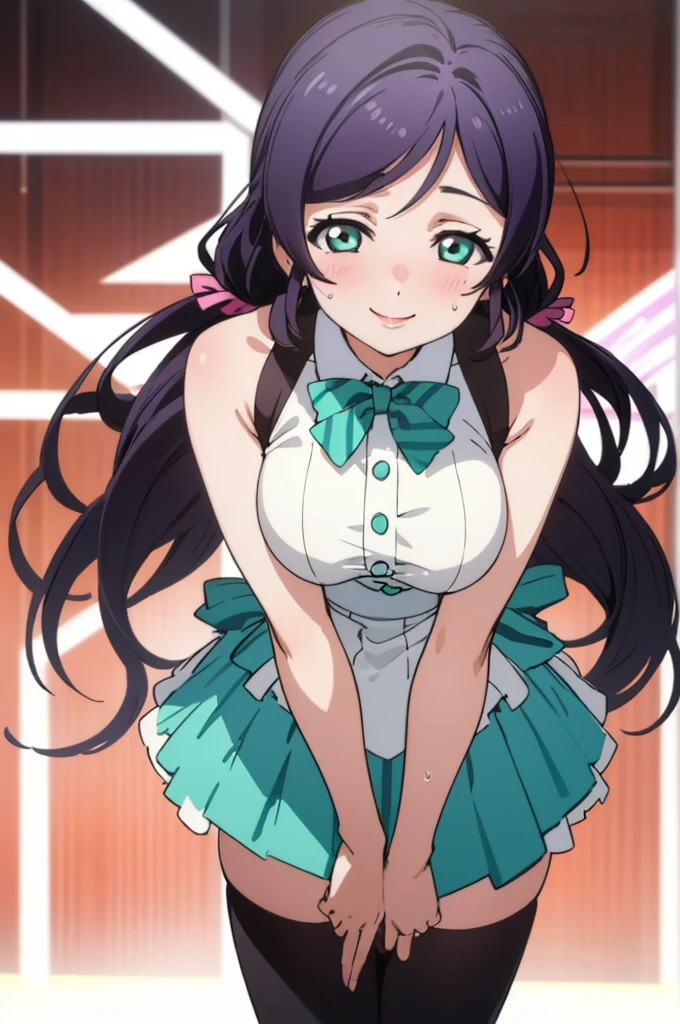 (masterpiece, best quality), 1girl,    nozomi toujou,huge breasts,idol costume,,sweating,sleeveless,thighhighs,miniskirt,looking viewer,smile,1piece dress,lean forward,,squeeze breasts