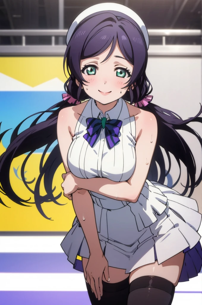 (masterpiece, best quality), 1girl,    nozomi toujou,huge breasts,idol costume,,sweating,sleeveless,thighhighs,miniskirt,looking viewer,smile,1piece dress,lean forward,,squeeze breasts