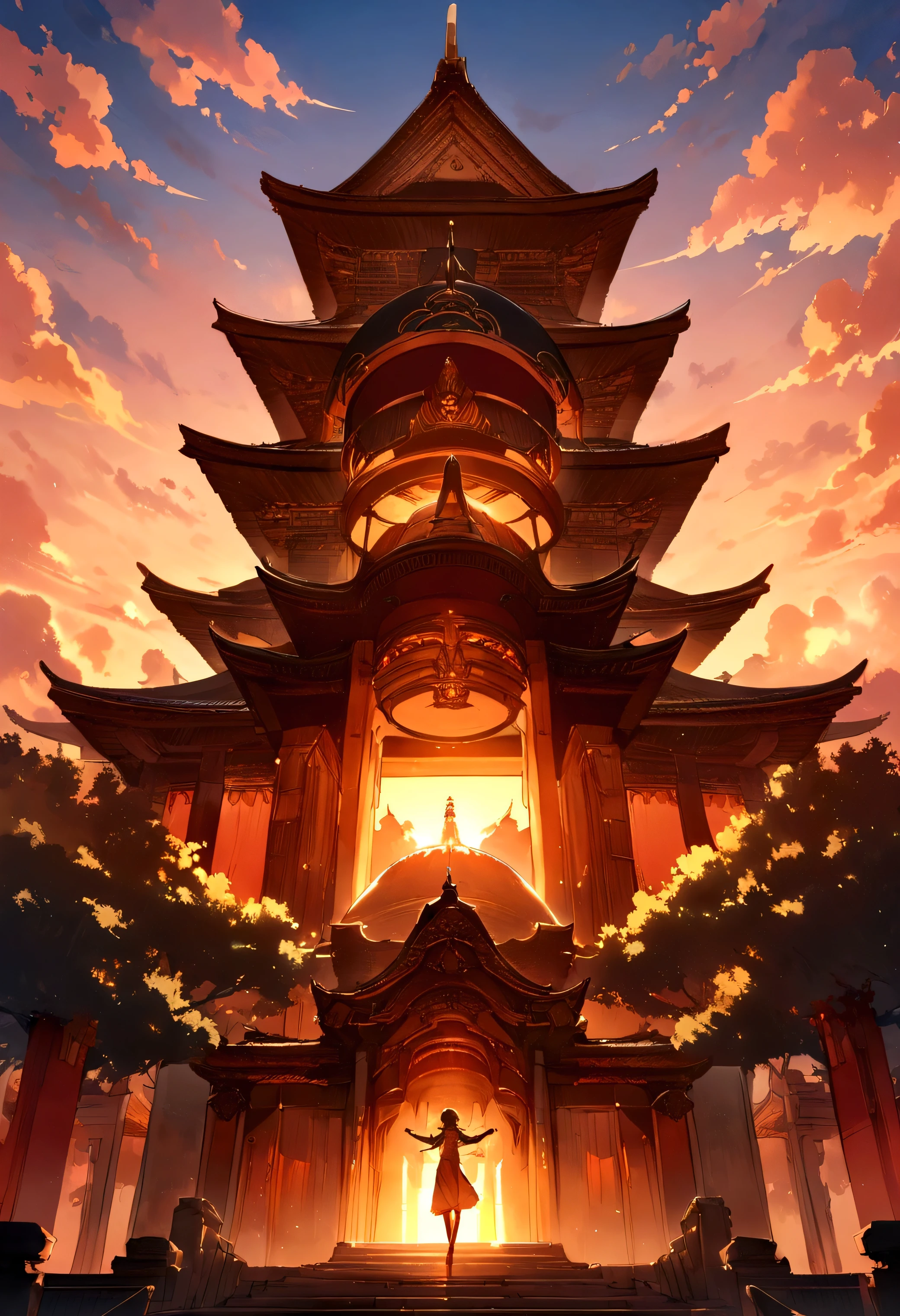 masterpiece, best quality, Stills, cloud, bright, Happy, Warm and soft lighting, Sunset, fantasy, temple